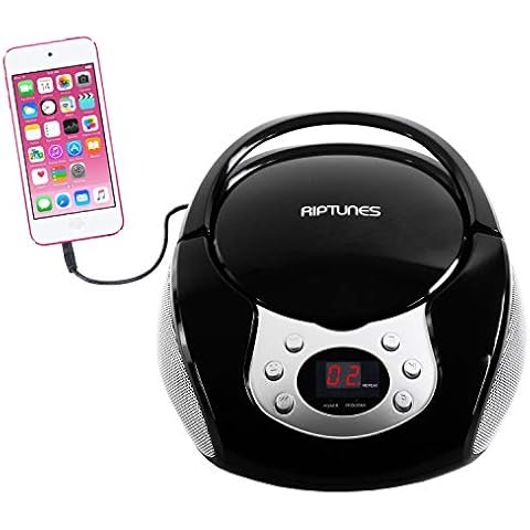 Riptunes Portable CD Player with AM FM Radio Potable radios Boom Box with Aux Line-in, Black Cover