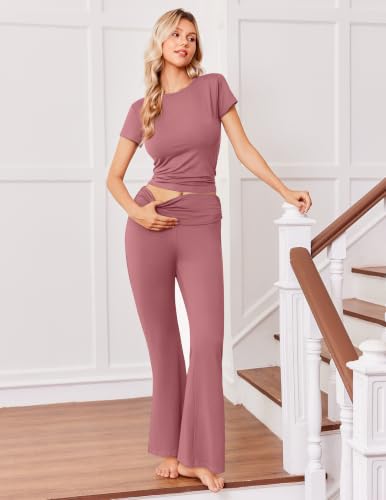 Image of Ekouaer Womens Pajama Set Short Sleeve Crop Top Foldover Flare Pants | Soft Comfy Stretchy, Summer Wear Fall Layer, High Waist Fold Waistband For Loungewear Yoga Daily Casual Wear