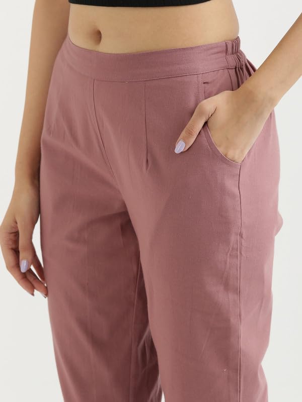 Image of SAADAA Women's Regular Fit Mid-Rise Cotton Pants | Half-Elasticated Waist | Comfortable Casual Trousers with 2 Pockets for Daily, Office & Travel Wear |