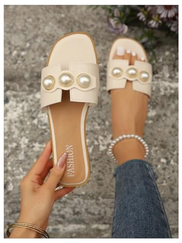 GORGLITTER Women's Pearls Flat Sandals Square Toe Slides Open Toe Dressy Slip On Shoes 20252