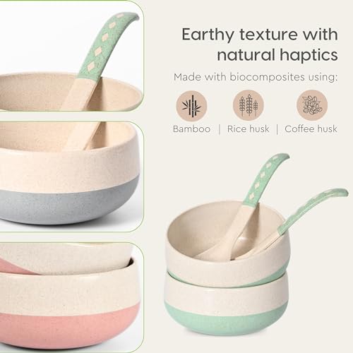 Eha Earth-Friendly Soup Bowls with Spoons Set of 6 | 250 ml | Made with Rice Husk Biocomposite | Microwave Safe Bowl | Serving Bowl Set | Multicolor