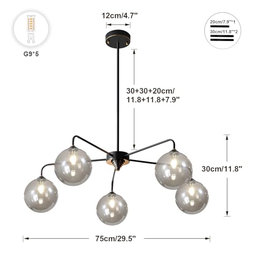 Image of Mid Century Modern Chandelier Smoky Gray Clear Glass Globe Ceiling Light Fixture 5 Light Black Sputnik Chandelier for Kitchen Dining Room Bedroom