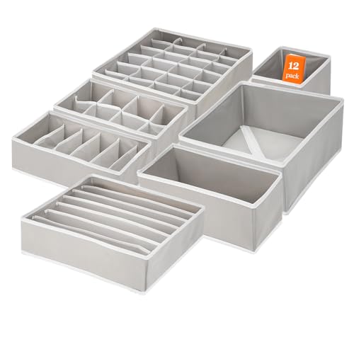 MAIJIAJU 12er Set Schubladen Organizer, 76 Zellen Schrank Kleiderschrank Organizer Faltbar, Stoffboxen Aufbewahrung Aufbewahrungsboxen Unterwäsche Box für Kleidung Socken Bhs Krawatten, Grau