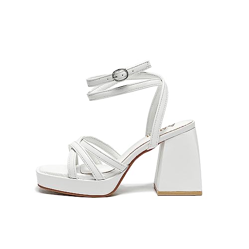 Amoji Women's Platform Heels Chunky Dressy Block Thick Heels Prom Wedding Shoes 305 White 11 Women2