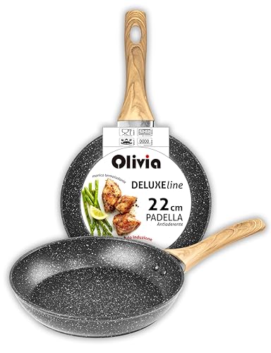 IPEA Padella Antiaderente per Induzione e Fornello a Gas - 22 x 22 cm - Padella Anti Aderente in Alluminio con manico in Legno per Carne, Bistecche, Hamburger, Pesce - Padelle da Cucina