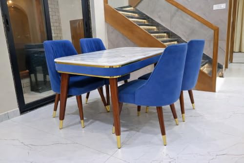 Image of WOODEN SPACE 4 Seater Wooden Dining Table Set | Urban Marble Top Dining Table with Chairs for Dining Room & Kitchen (Modern Frontline Navy Blue) (54 x 36 x 30 inch)