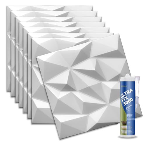 Deccart 3D Wandpaneele Brillant Weiß 50x50 cm - Set inkl. Montagekleber - Paneele Wand Wall Panels - Deko Wandverkleidung Innen - Panel Deckenverkleidung - Platten Styropor EPS-Polystyrol 2m