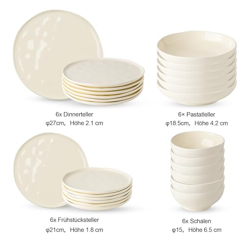 GBhome Steingut Geschirrset 6 Personen, 24-tlg Reaktive Glasur Handarbeit Geschirr Set, Mikrowellen- & Spülmaschinenfest Schüssel- und Teller Set, Gesprenkeltes Beige