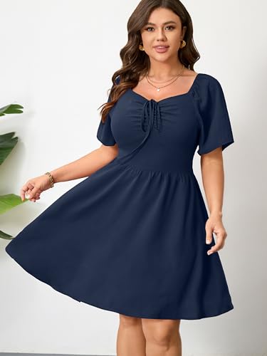 Image of RWJ Women Plus Size Summer Dress Short Sleeve Tie Front Sweetheart Neck Casual Mini Wedding Guest Dresses 2025