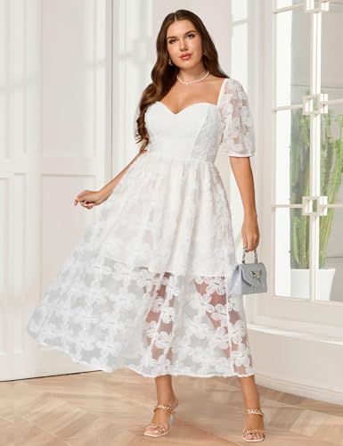 Image of EYWOL Formal Wedding Guest Cocktail Party Floral Embroidered Dress M-3XL | Embroidered,Floral,Sheer A-Line,Maxi,Sweetheart Neckline,Puff Sleeves,Tie Back, Parties,Wedding,Formal,Cocktail,Occasions