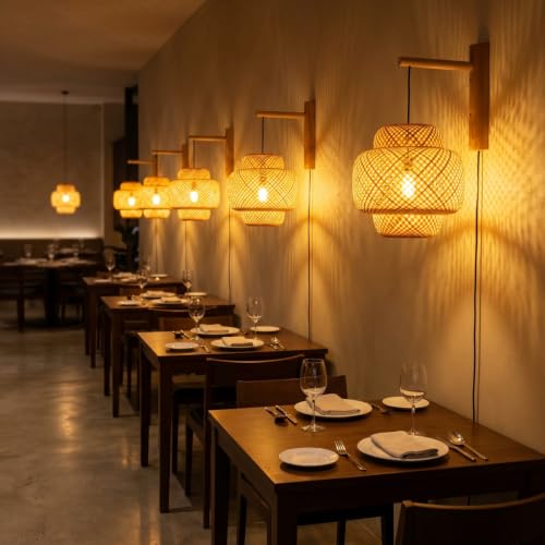Image of Farmhouse Rattan Plug in Wall Sconce for Bedroom, Bamboo Hanging Wall Lamp