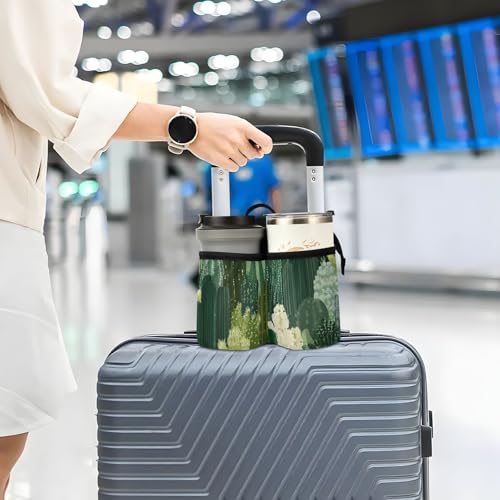 Image of Luggage Cup Holder for Suitcases Free Hands Suitcase Cup Holder Travel Luggage Drink Holder Portable Luggage Cup Caddy Bag Carrier with Handle Green Cacti Plants
