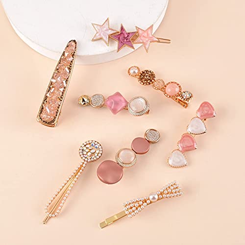 SQUICKLE Golden Metal & Macaron ヘアクリップ 女の子用 ホワイトパール ヘアクリップ レディース & ガールズ用 / デザイナーヘアクリップ 8個 / バレッタ & 幾何学的形状 ヘアクリップ (マカロンヘアクリップ)