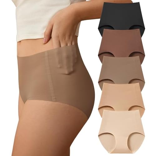 SHARICCA Seamless High Waisted Underwear for Women No Show Full Coverage Panties Nuage Microfiber Briefs Pack 5p - Soft Browns & Nudes Large