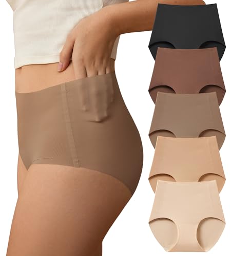 SHARICCA Seamless High Waisted Underwear for Women No Show Full Coverage Panties Nuage Microfiber Briefs Pack