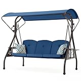 ZZW 3-Seat Outdoor Porch Swing with Stand, Patio Swing with Canopy, 2 in 1 Porch Swing Bed & Patio Swing Chair for Adult, Yard Swing w/Extra Pillows and Cup Holder (Blue, Style C)