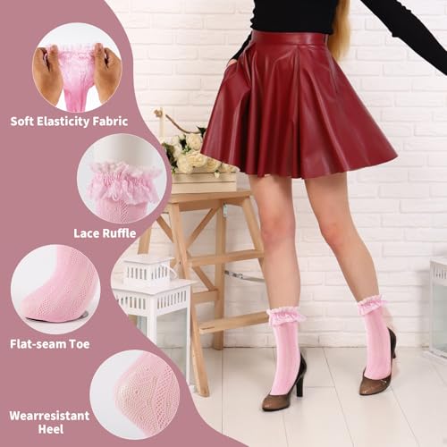 Image of Women Lace Ruffle Socks White Black Frilly Lolita Crew Dress Socks