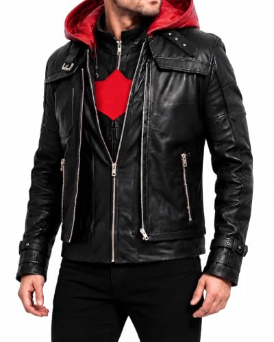 Image of Black and Red Hood Leather Jackets and Vest 2 in 1