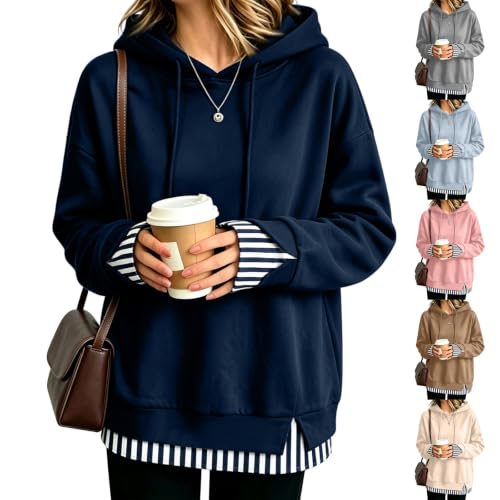 Womens Hoodies Oversized Long Sleeve Striped Layered Fall Pullover