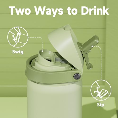 Image of 32 oz Insulated Water Bottle with Straw: Meoky Stainless Steel Metal Water Bottle with 2-in-1 Lid - Leak Proof, Cold for 24 Hours, Protective Silicone Base, BPA-Free for Sports Gym, Sage