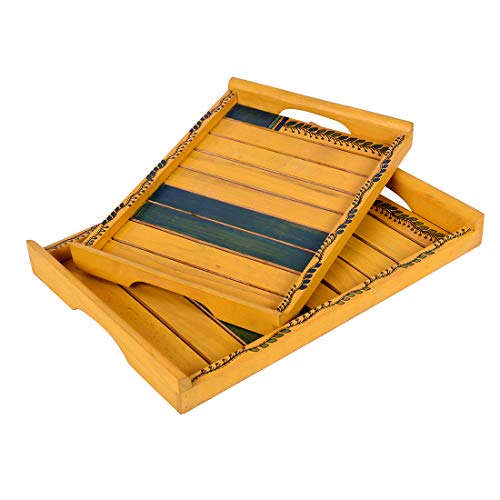 Image of Aakriti Art Creations Yellow Handcrafted Sheesham Wood Serving Tray Set of 2