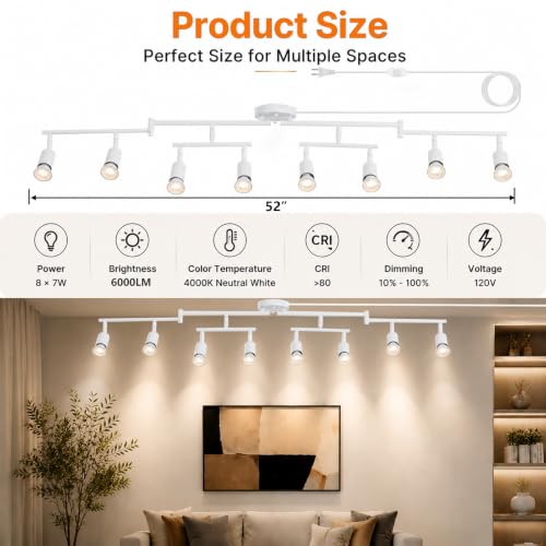 Image of Dimmable Plug in Track Lighting,Plug in Ceiling Light Fixture,White 8 Light Track Light with 16.4' Long Cord,Dimming Switch,8 Way Ceiling Spotlight,Rotatable,LED Bulbs Included