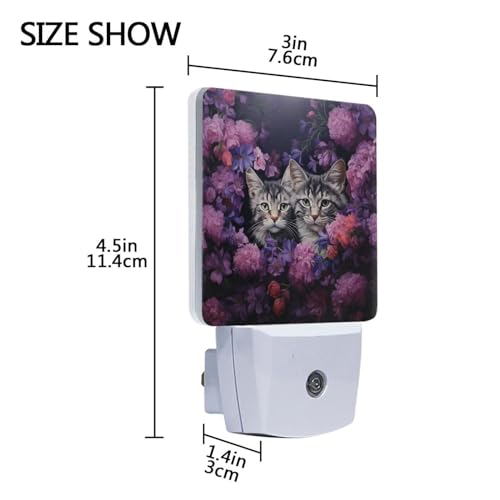 Image of Cats Purple Flower Night Lights 2 Pack Plug-in Wall Led Nightlight Auto Dusk-to-Dawn Sensor Lamps for Bedroom Kitchen Bathroom