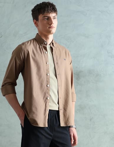 Image of Arrow Sport Solid Slim Fit Cotton Shirt for Men - Full Sleeve Mens Casual Shirts