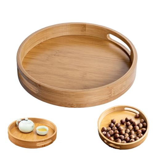 Eabdice Marrón Bandeja de Bambú, Bandeja Decorativa Redonda, Bandeja de Servicio Redonda con Asas, Aplicar para Servir Café, Té, Frutas