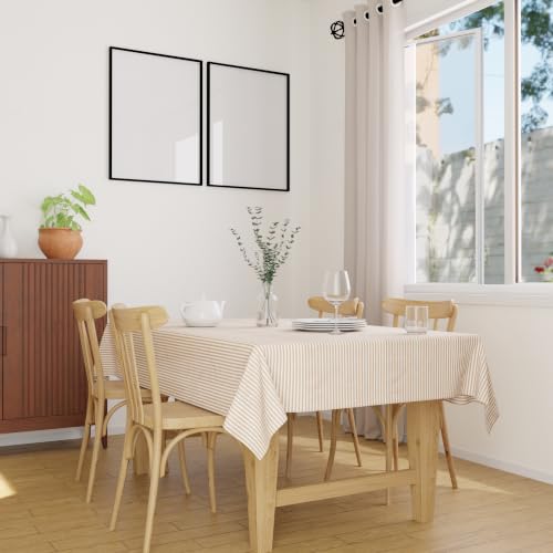 Image of Encasa XO Cotton Rectangular Table Cloth for 6 to 8 Seater | (145x240 cm) | Ticking Beige | Dining Tablecloth for Decoration