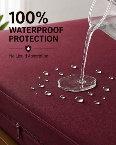 Image of 100% Waterproof Single Size Zipper Mattress Encasement - Ultra Soft & Breathable Six-Sided Bed Cover, Dustproof Noiseless Fitted Design, 72x30 Inch (6x6 Feet), Fits Up to 6 Inch Mattress, Maroon
