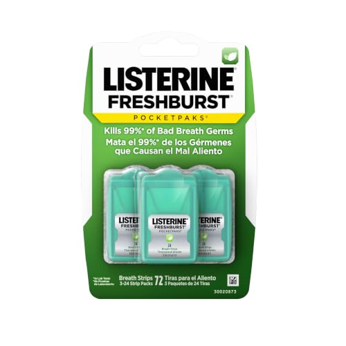 Image of Listerine Freshburst Pocketpaks Breath Strips, Dissolving Breath Freshener Strips Kill 99% of Germs that Cause Bad Breath, Portable for On-the-Go, Minty Flavor, 3 packs of 24-strips Each