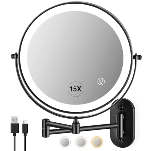 GREENFROM Magnifying Mirror with Lights 1x/15x Rechargeable: 8.5 inch Wall Mounted Lighted Makeup Mirror for Bathroom