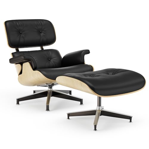 Image of Top Black Grain Leather, Mid Century Chaise Lounge Chair and Ottoman, Modern Chair Classic Design, Ash Wood, Heavy Duty Base Support for Living Room Office