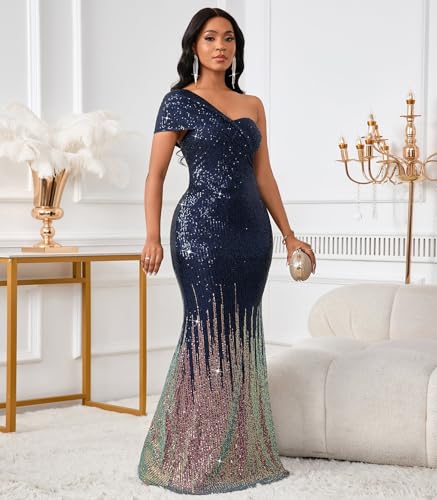Image of Cololura Women Sexy Sequin One Shoulder Mermaid Formal Party Cocktail Gowns Bodycon Evening Maxi Dress