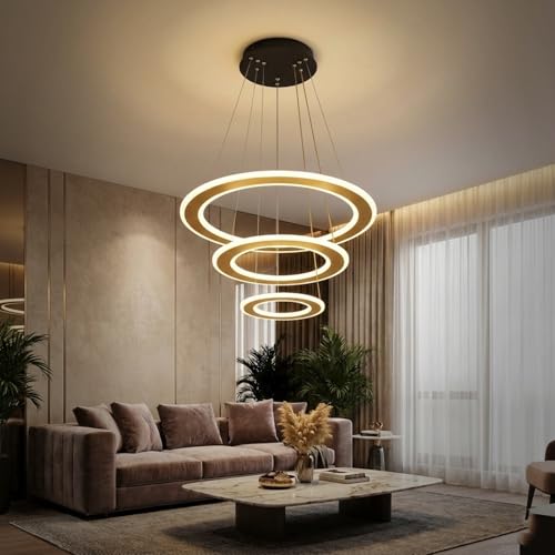Image of 3 Ring Modern LED Chandelier Ceiling Lamp | Gold Finish Pendant Light with 3 Color | Decorative Chandelier for Living Room, Dining Room, Bedroom, Restaurants & Cafe Interior, Home & Office