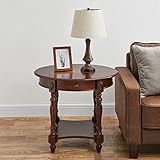 Solid Wood Oval End Table with Drawer and Storage Shelf, Traditional Vintage Side Table Polished...