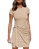 Picture of LILLUSORY Womens Casual Short Sleeve T Shirt Dress 2025 Summer Bodycon Wrap Ruched Mini Night Out Sundress Apricot M