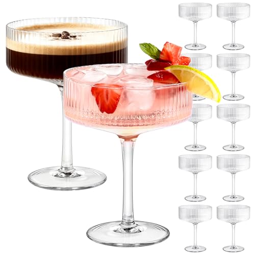 ZOMUIA Juego de 12 vasos acanalados de plástico de 10 onzas, copas de cóctel de acrílico irrompibles para bar, vino, postre, cristalería de cóctel