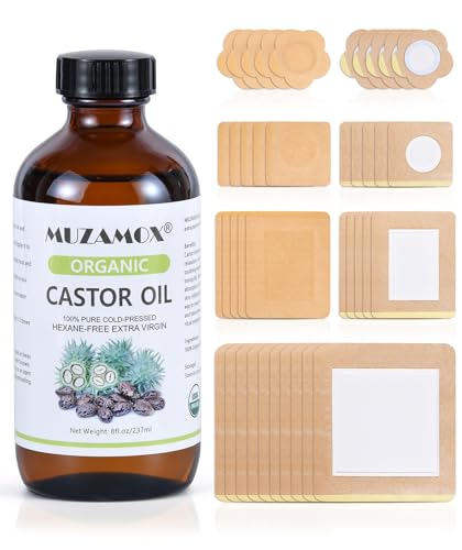 Castor Oil Patches Disposable 40 pcs, Castor Oil Pack Wrap Organic Cotton for Liver, Stomach, Neck and Belly Button (8oz Amber Glass Bottle Included)