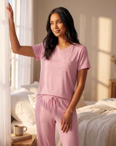 Image of Real Essentials 2 Pack: Women's Comfy Pajama Sets - Short Sleeve Ladies Loungewear Sleepwear PJs (Available In Plus)