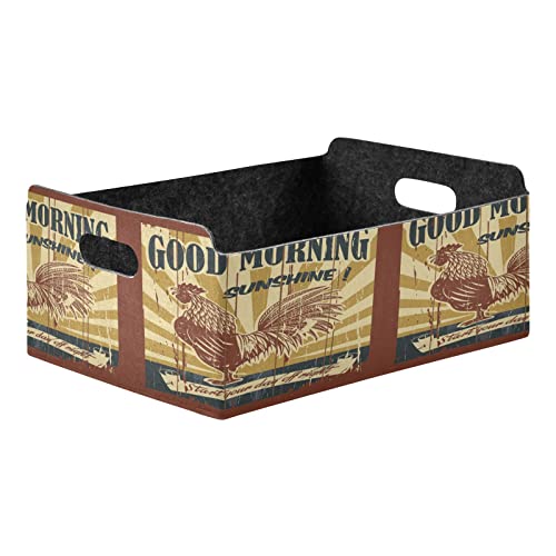 Oyihfvs Vintage Good Morning Sunshine Drawing Rooster Rectangle Foldable Felt Storage Bin, Collapsible Cube with Handles Thick Fabric Box Organizer Clothes Supplies for Home Bedroom