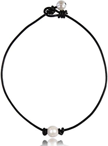 Barch Young One Pearl Choker Necklace for Teens Handmade on Leather Cord Choker Gift for Daughter (13 Inch Black leather choker)