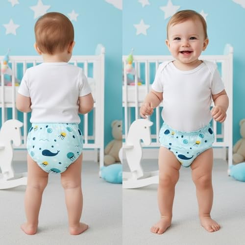 Image of Bembika Baby Training Pant Soft Cotton Reusable Potty Training Pants For Kids Leak-Resistant, Padded Underwear For Babies To Support Diaper Free Transition (M Size For 12-18 Months Underwater World Theme)