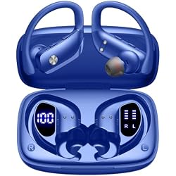 bmani Ear Buds Wireless Earbuds Bluetooth Headphones with 80H Playtime LED Display Case, Over-Ear Hook with Mic, Stereo Sound, Easy Button Controls, Sports Earphones for Running Workout Gym Blue