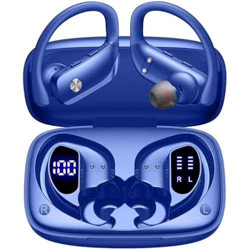 bmani Ear Buds Wireless Earbuds Bluetooth Headphones with 80H Playtime LED Display Case, Over-Ear Hook with Mic, Stereo Sound, Easy Button Controls, Sports Earphones for Running Workout Gym Blue