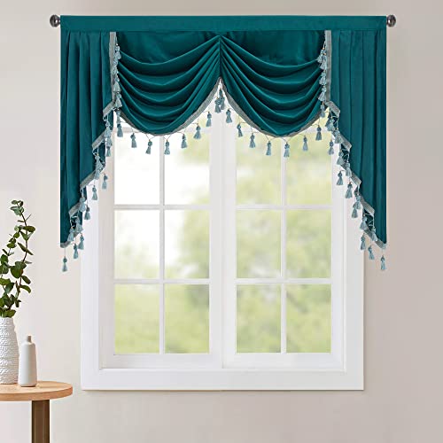 Stangh Elegant Velvet Waterfall Valances Curtain For Living Dining Room, Rod Pocket Thermal Insulated Tier Window Decor For Bay Window / Bedroom / Kitchen, Teal, W59 Inches, 1 Panel #TOP11