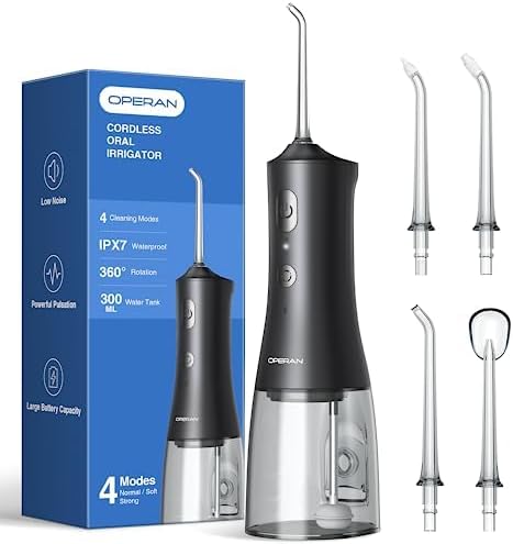 Water Flosser for Teeth Cleaning Upgraded 300ml Cordless Water Dental Flossers Rechargeable Oral Irrigator with 4 Modes 4 Jet Tips IPX7 Waterproof Water Floss for Home Travel (Black)+1Pack