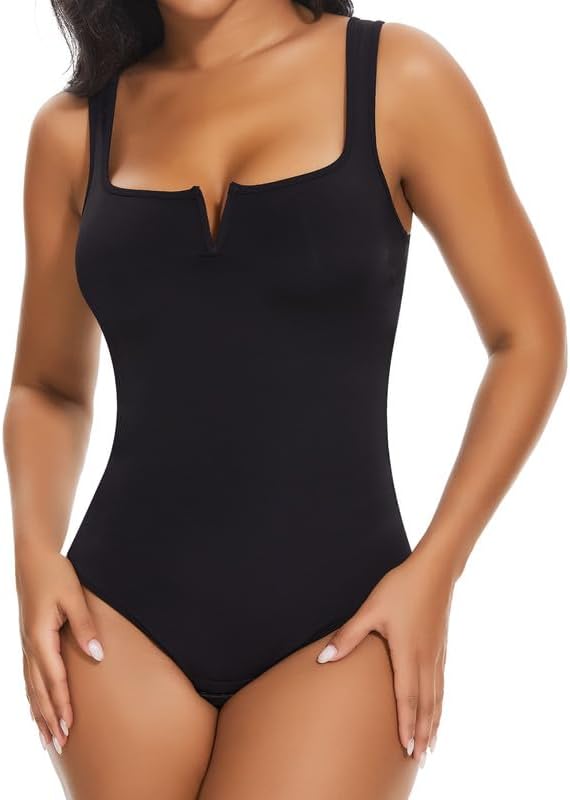 SHAPERIN Women's Notch V Square Neck Sleeveless Bodysuit Tank Tops Tummy Control Shapewear Thong Body Suits Double Lined