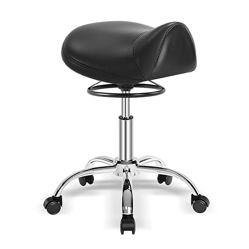 Saddle Stool with Wheels 500 lbs Weight Capacity, Heavy Duty Rolling Stool for Medical Massage Salon Kitchen Spa Drafting Nail-Tech,Height Adjustable,360 Swivel,Wide Thick Seat Padding (Upgrade Black)